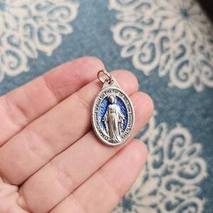 Vintage Silver & Navy Blue Miraculous Medal Medallion Pendant